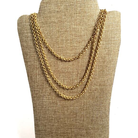 Vintage Gold Tone Circle Link Necklace Double Ring Polished Extra Long Statement - Picture 1 of 5